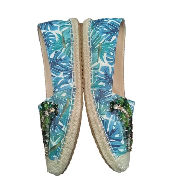 EUC 💎💎Jeweled 💎💎Tropical Palm Leaf Print Espadrille Flat | Women | Sz: 7 1/2